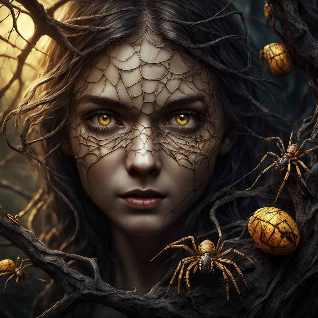 Surreal Spiderwoman in Webbed Tree