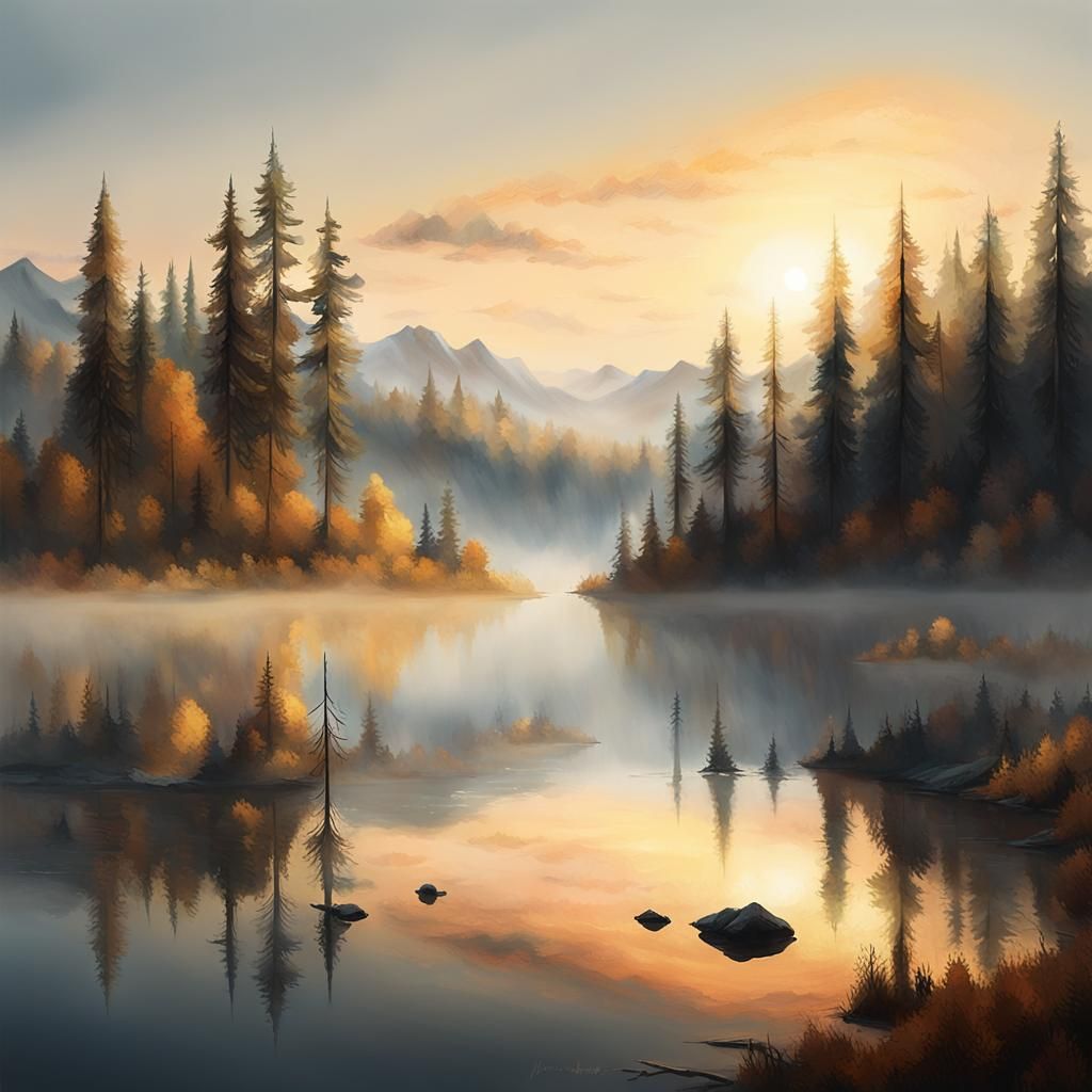 Sunset Lake: Minimalist Landscape Art
