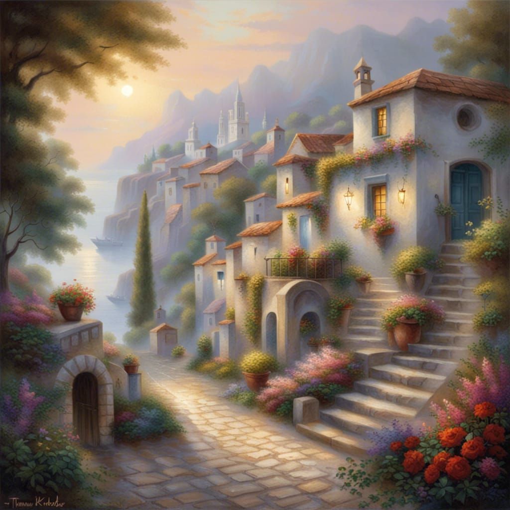 Idyllic Greek Village with Athena Statue, Fantasy Art