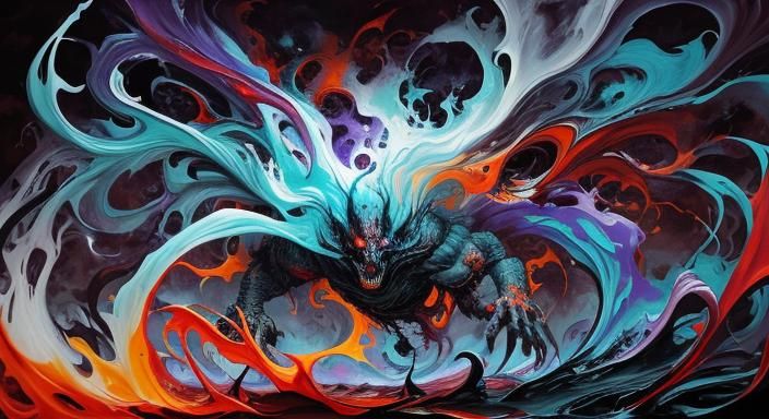 Surreal Dark Figure Emerges from Chaotic Dreamscape