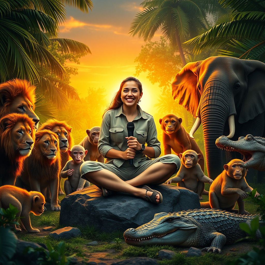 Journalist Interviewing Animals in Lush Jungle, Hyperrealist...