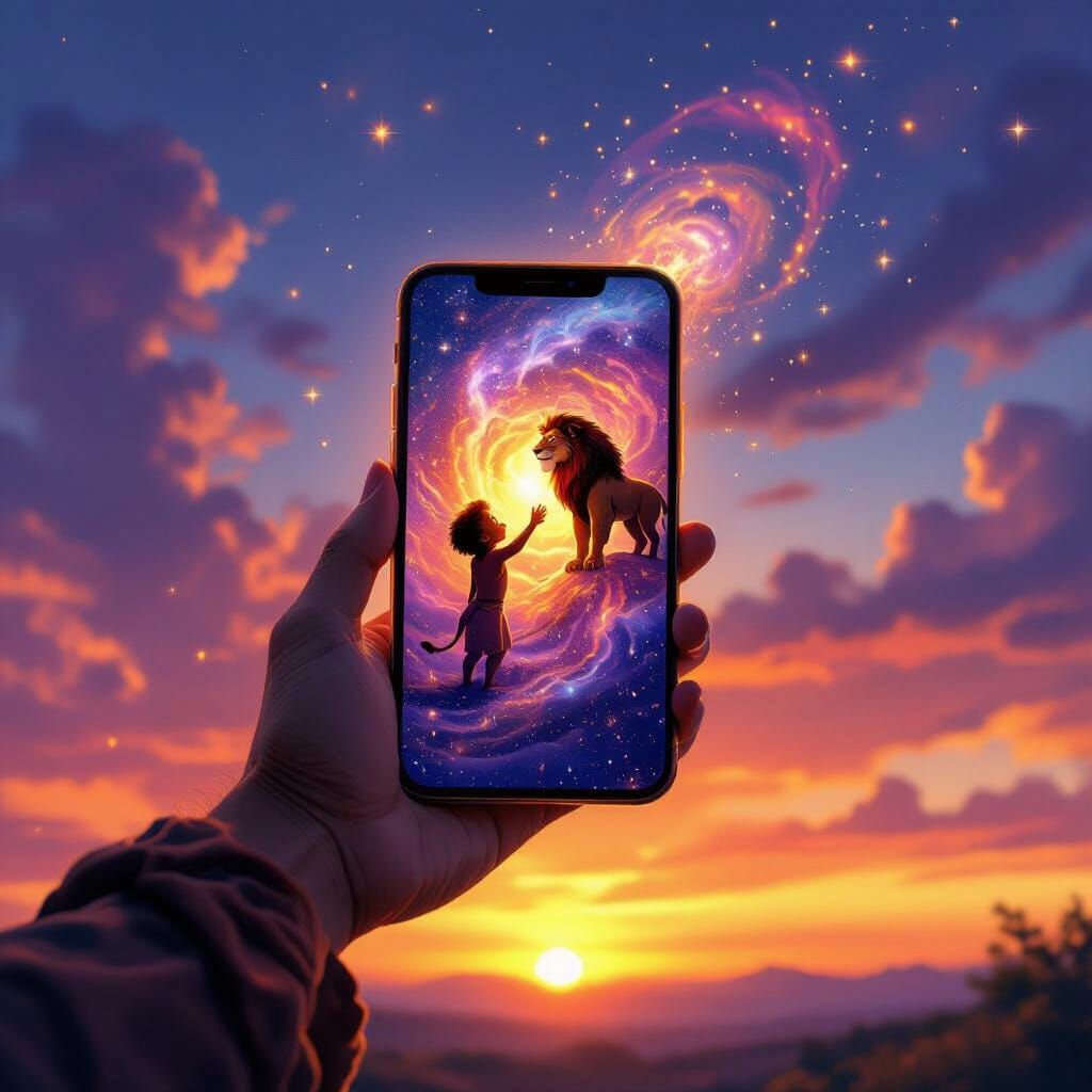 Person Holds Glowing Phone Aloft Like Rafiki