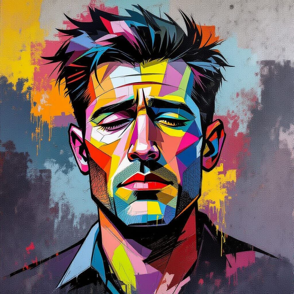 Vibrant mural or street art depicting a bold and stylized portrait of a man coming apart, disintegrating, parts of him f...