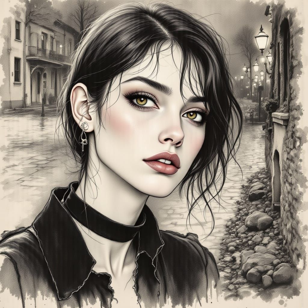 Moody Surrealist Portrait with Charcoal-Inspired Art