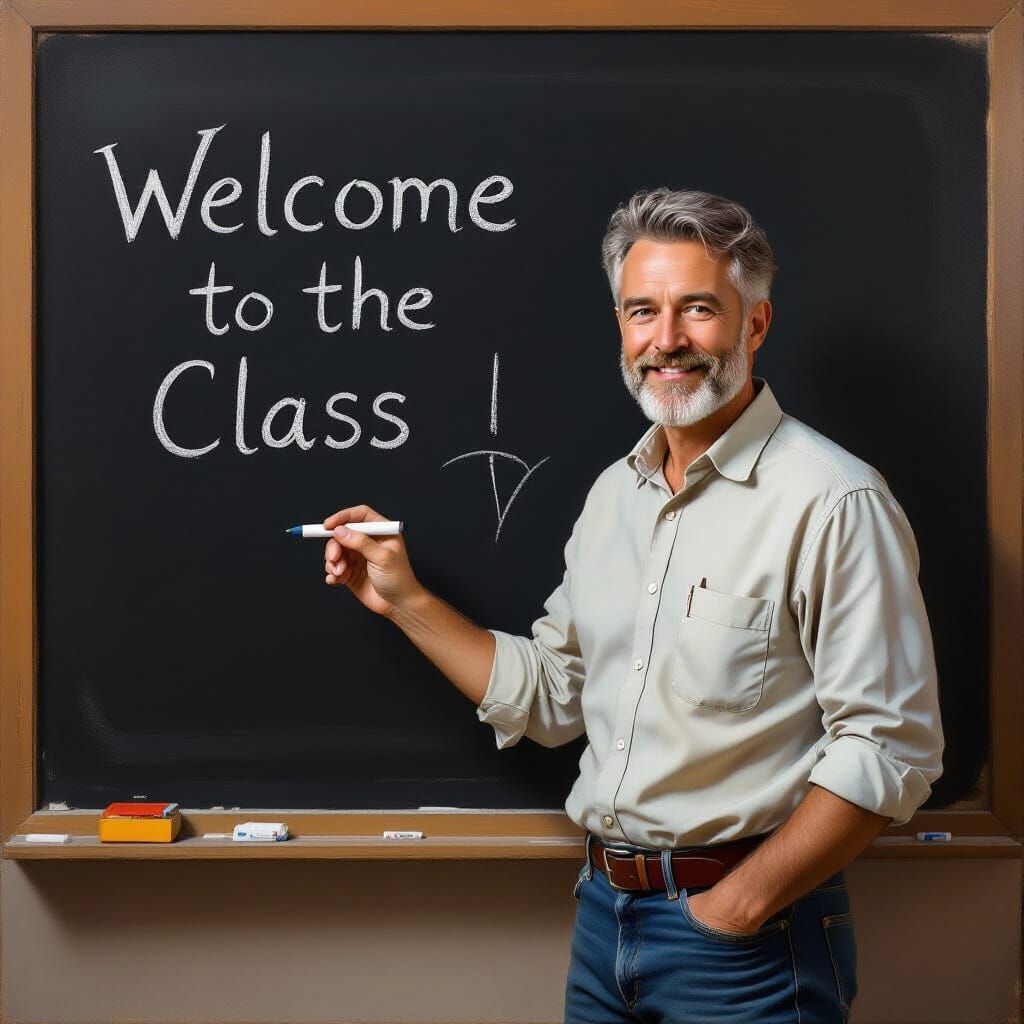 Friendly English Teacher Before Blackboard in Oil Painting S...