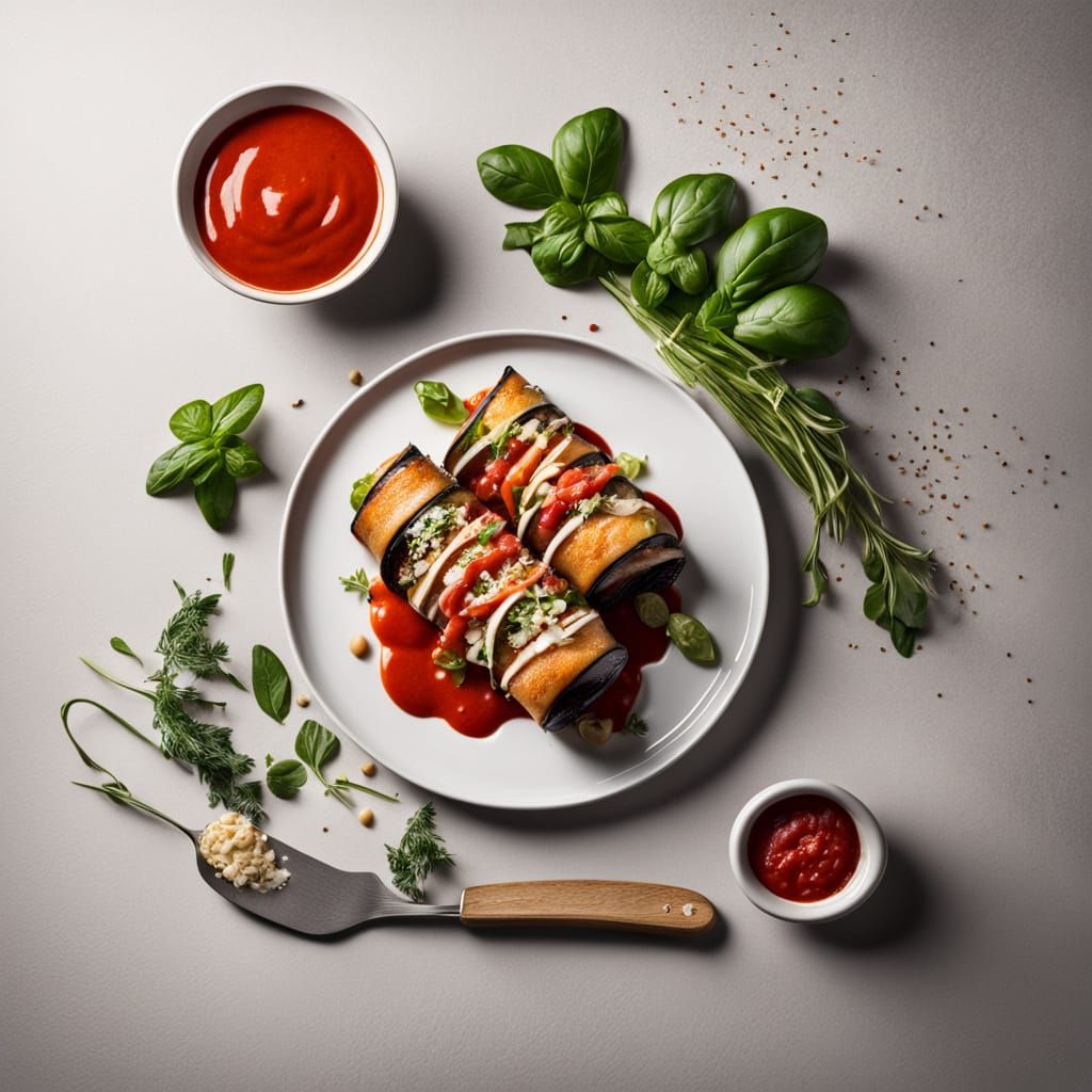 Savory Eggplant Roll with Meat and Light Tomato Sauce in Mod...