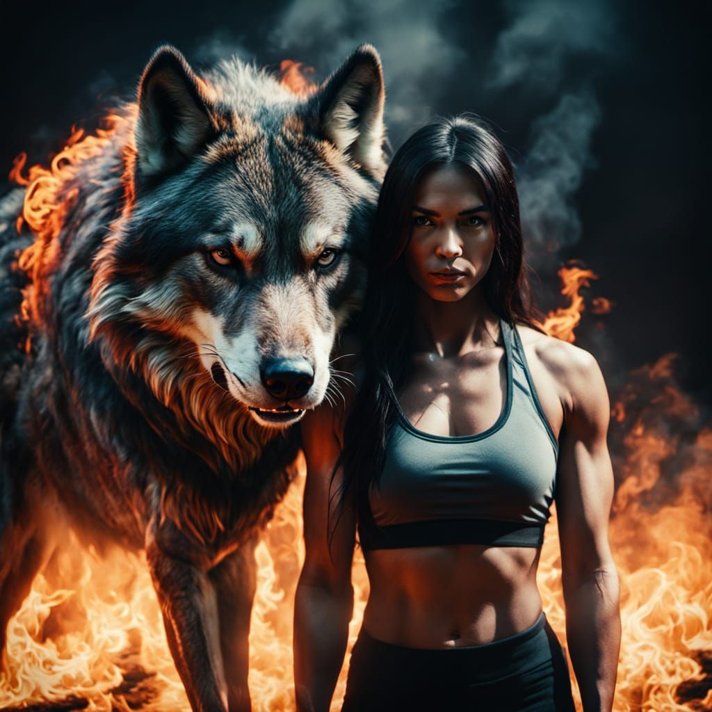 Sensual Fitness Goddess Touches Fiery Wolf in Cinematic Port...