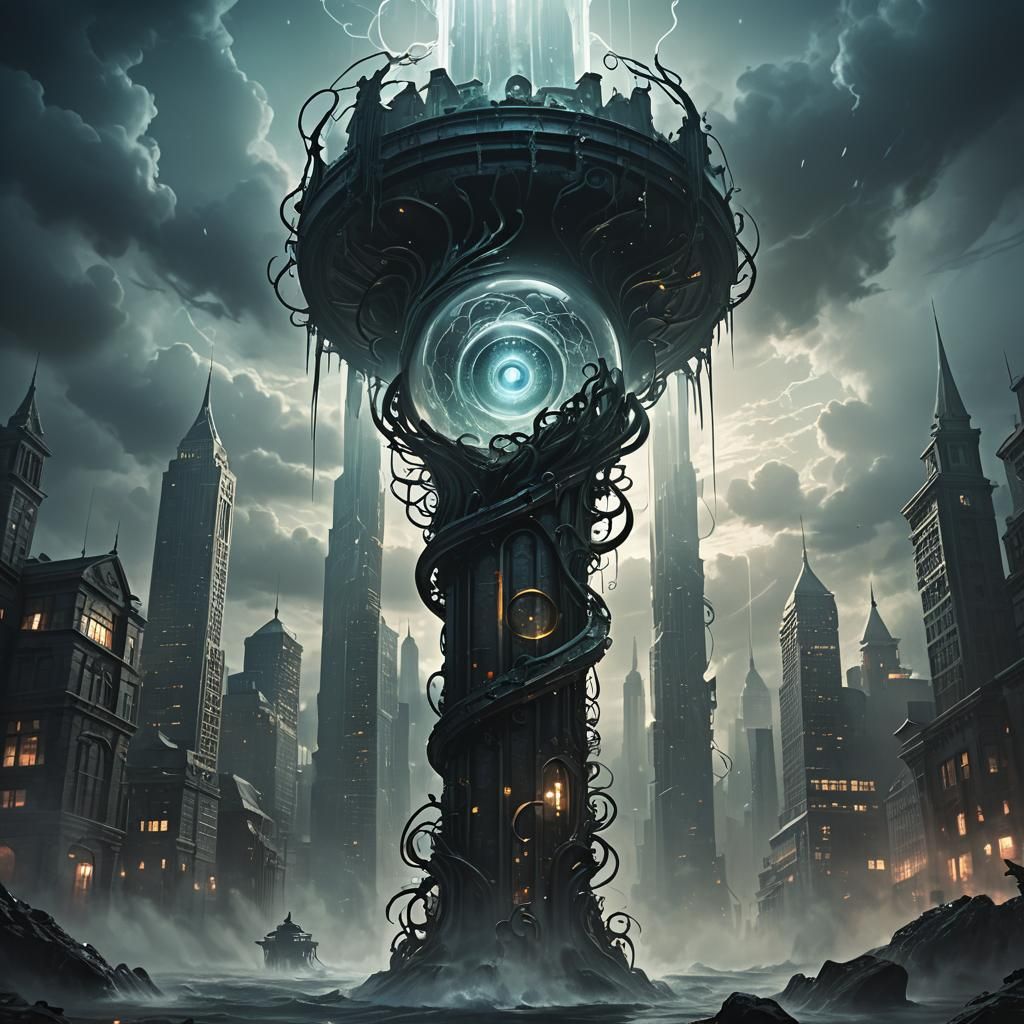 Glass 'A' Brain in Dark Fantasy Cityscape