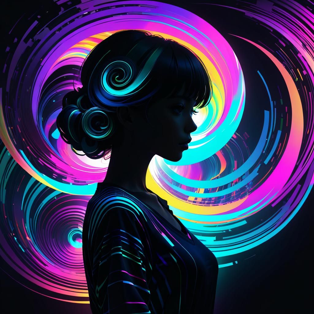 Silhouette with Vibrant Swirls and Glitch Art