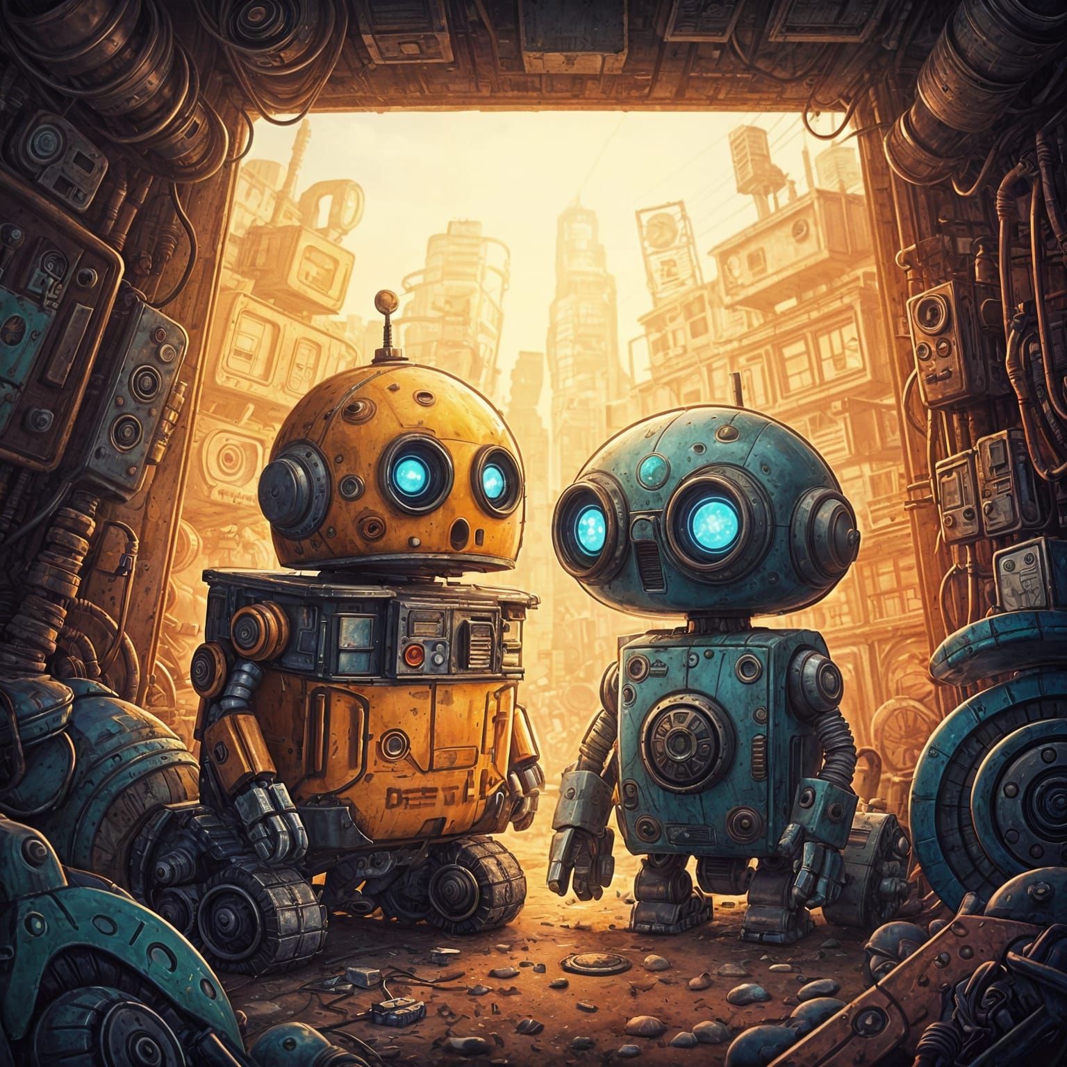 Charming Robots in Junkyard in 2D Animation Style