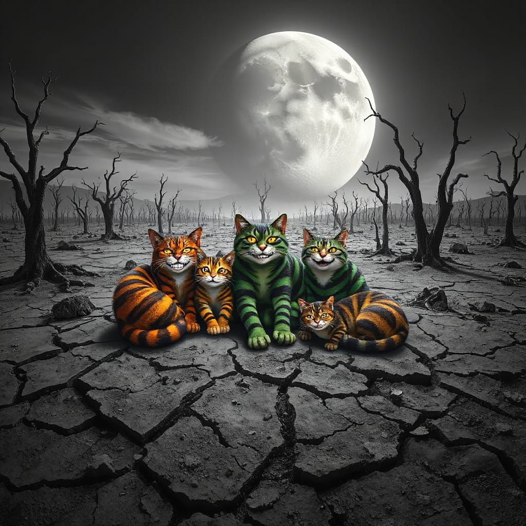 Vivid Cat Family in Monochrome Wasteland Illustration