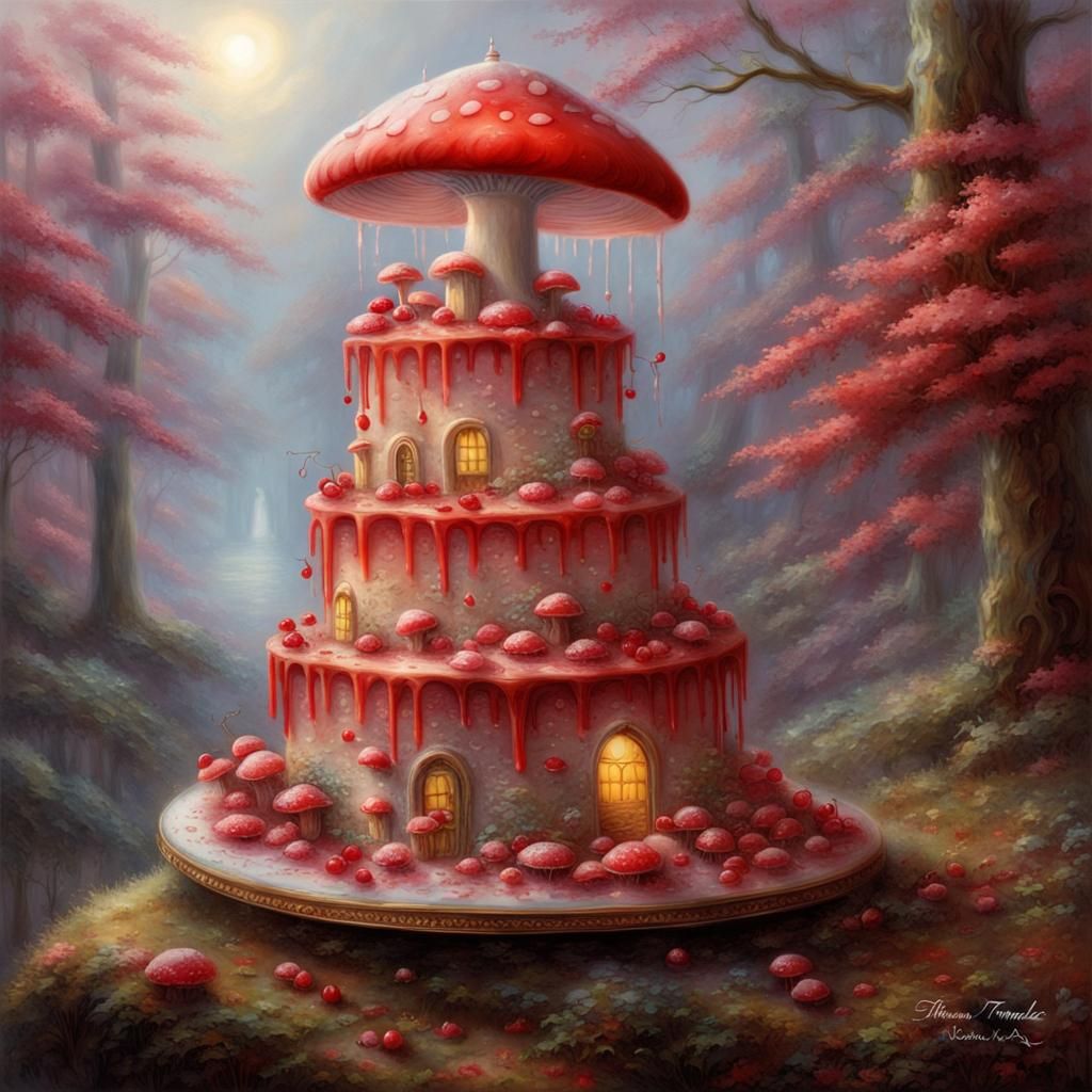 Mushroom and Cherry Cake: Ethereal Fantasy Art