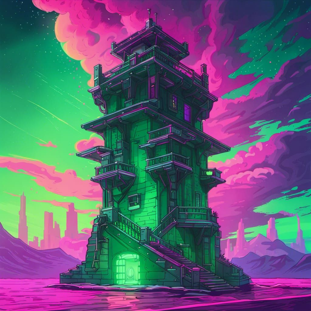 Jade Wizard Tower in Synthwave Neon Style