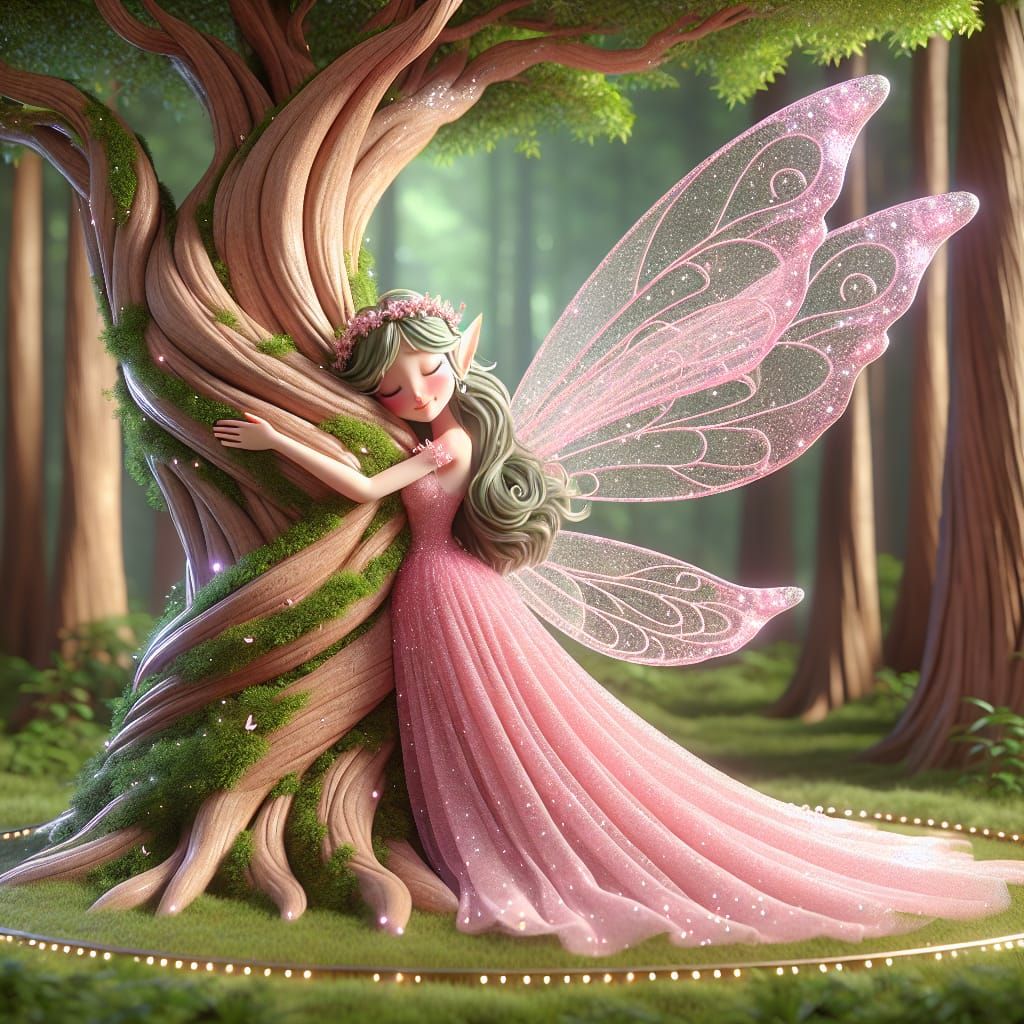 Disney Pixar style 3D beautiful fairy, sparkly pink flowing dress and giant glittery wings, hugging a big beautiful tree...