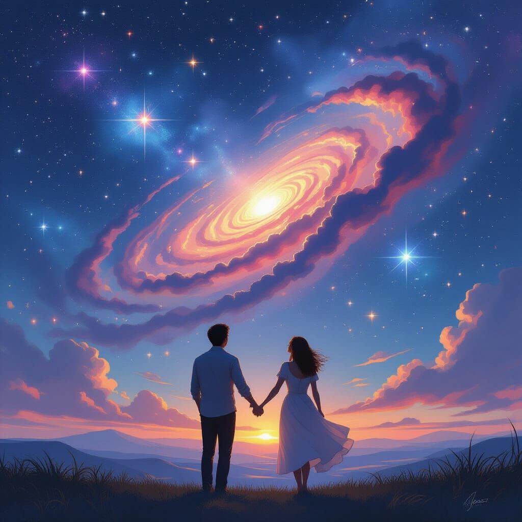 Couple Gazing at Vibrant Starry Night Sky