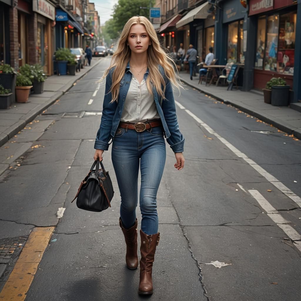 Blonde Woman Walking in City Street: Photorealistic Art