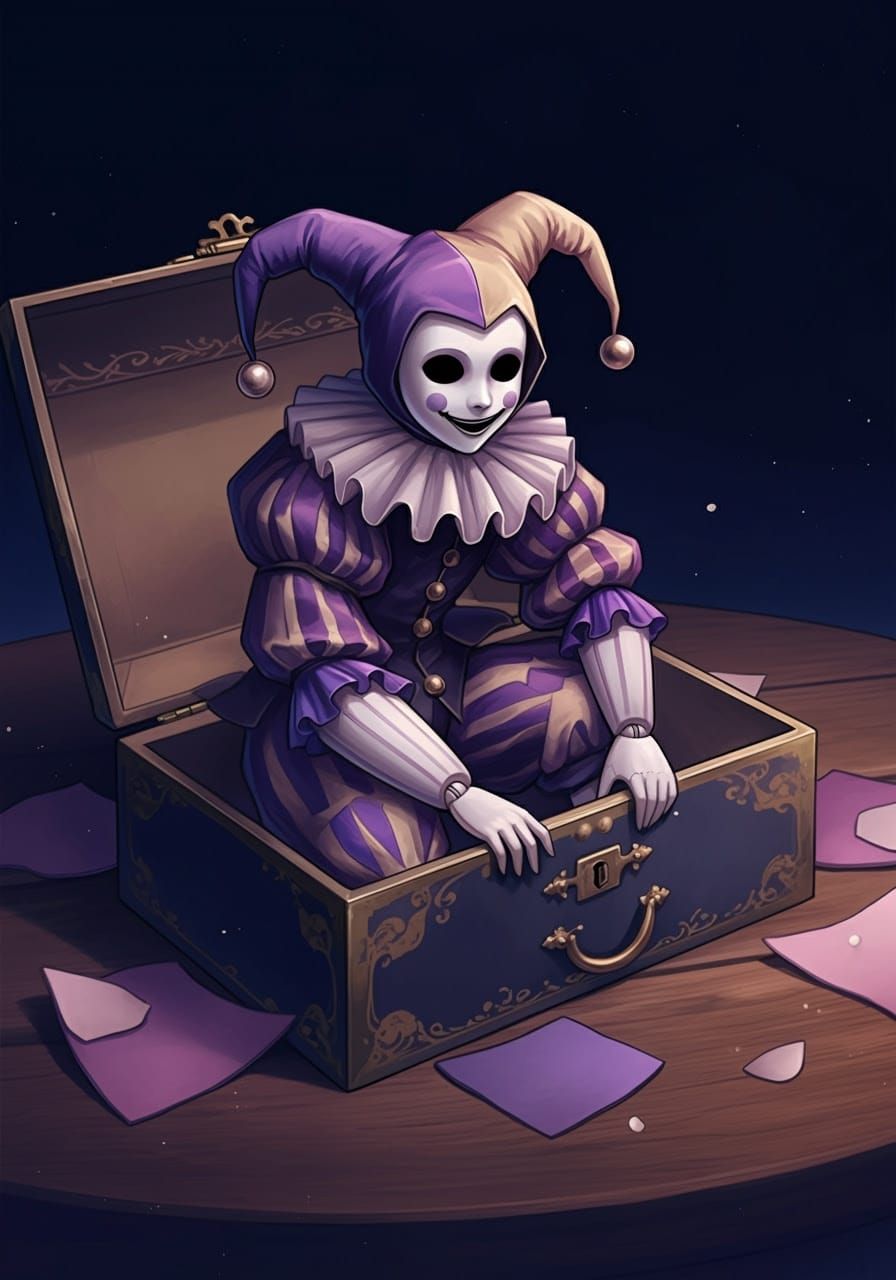 Whimsical Jester Doll Emerges from Ornate Box in Pastel Goth...