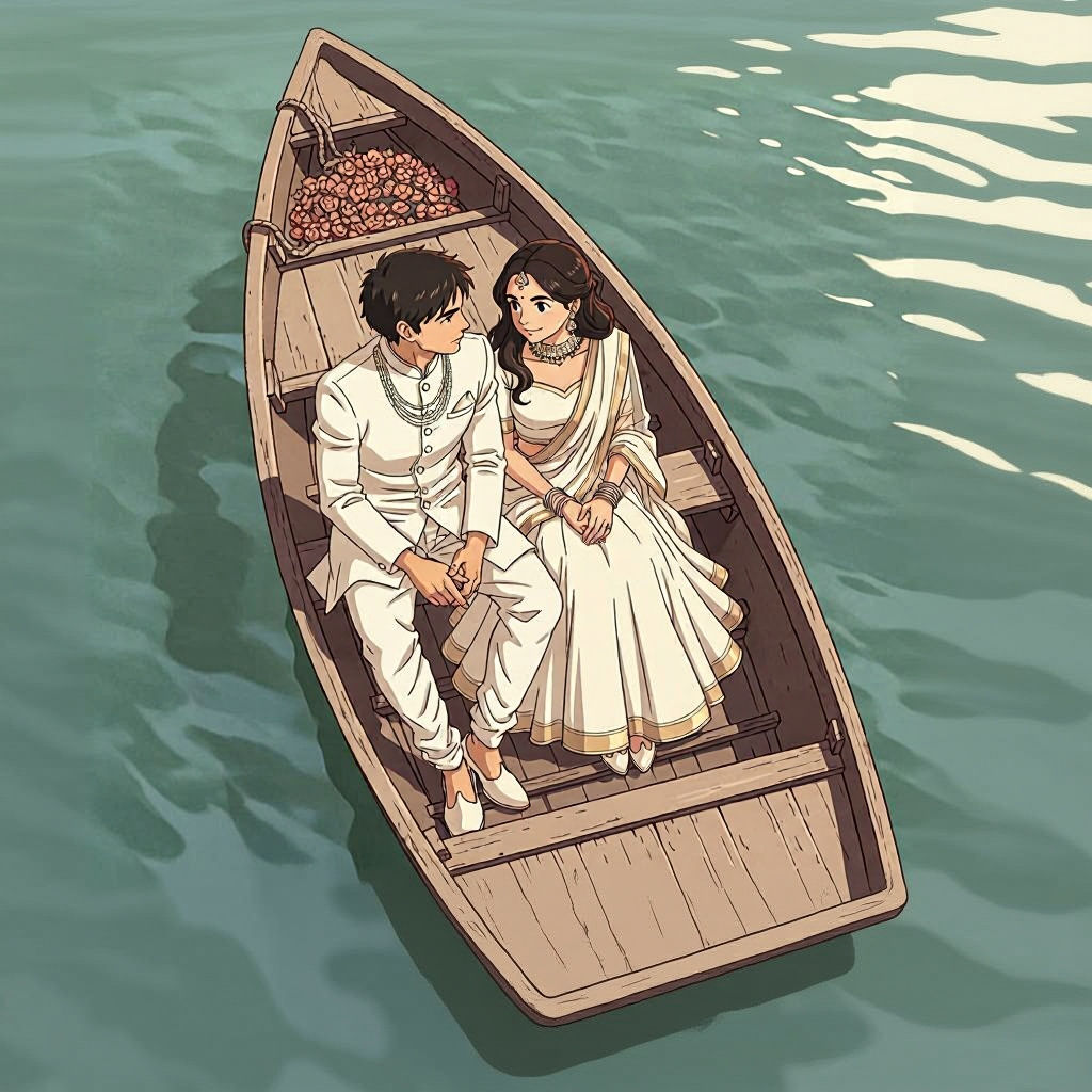 Anime-Style Indian Couple on Boat for Engagement