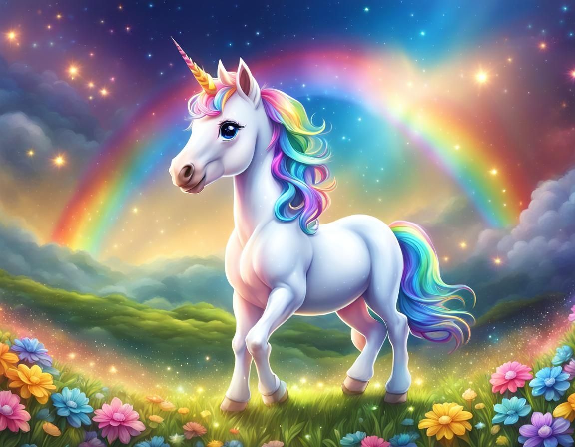 Cute Rainbow Unicorn in Sparkling Meadow