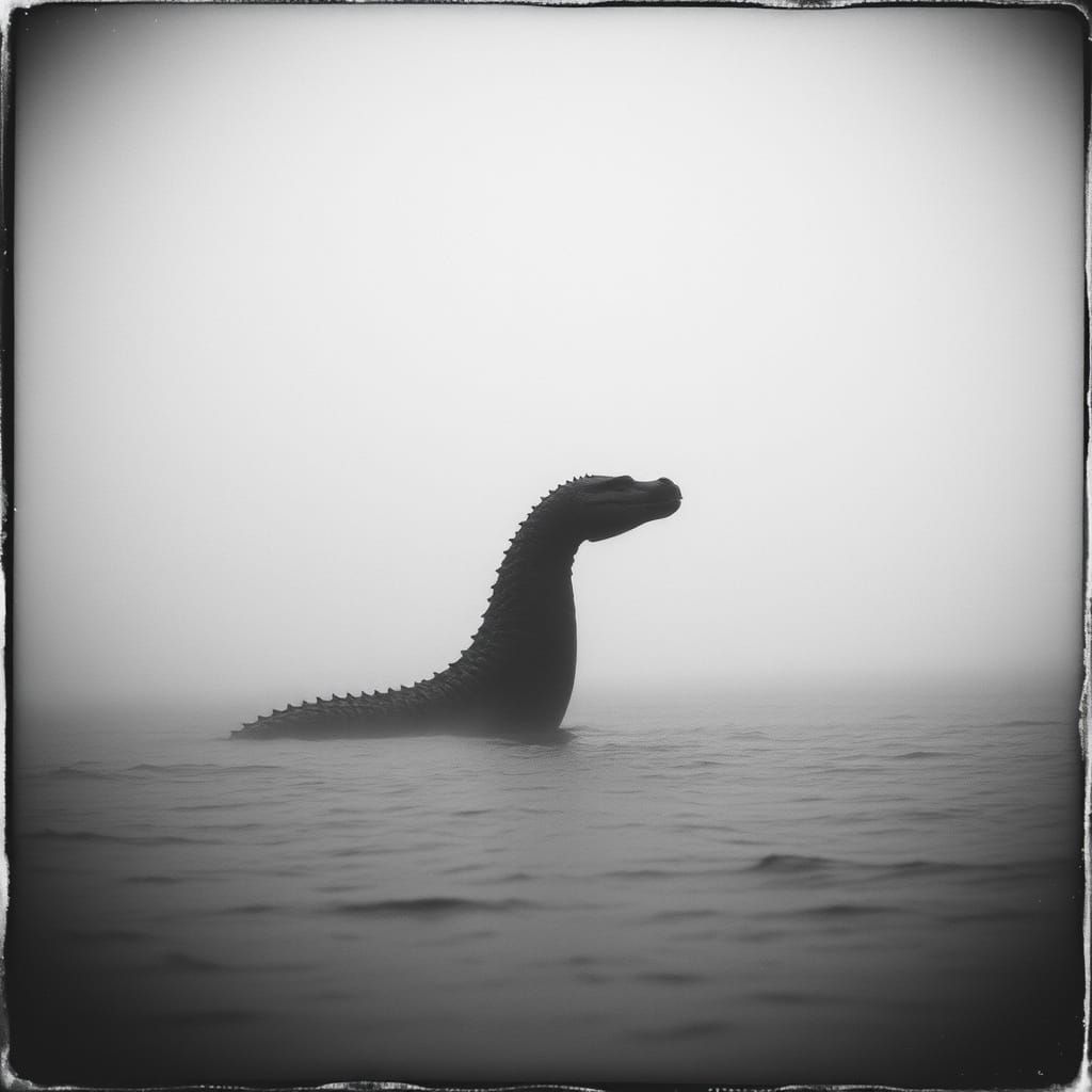Mysterious Loch Ness Creature in Grunge Black and White