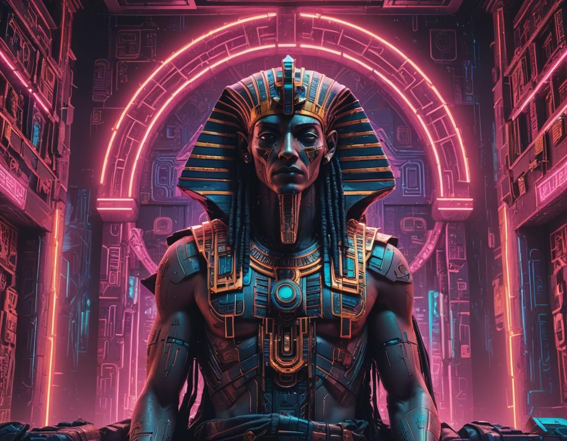 Cyberpunk Pharaoh Tomb with Neon Sky