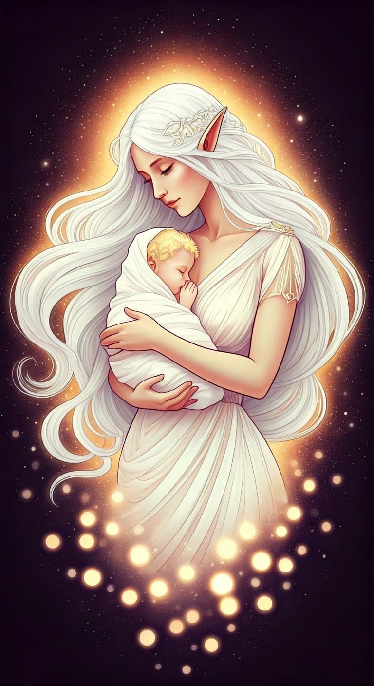 Celestial Aasimar Mother and Child in Nebula, Art Nouveau