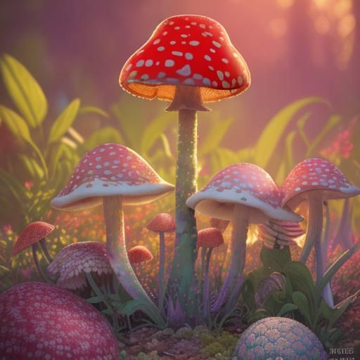 Photorealistic Amanita Muscaria in Pastel Flower Garden