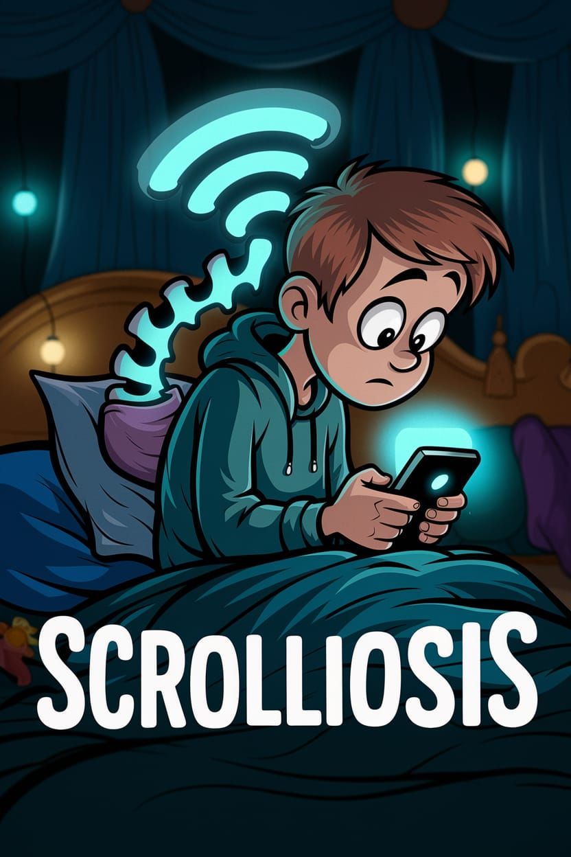 Cartoon Boy and Glowing Phone in Dreamlike Bedroom