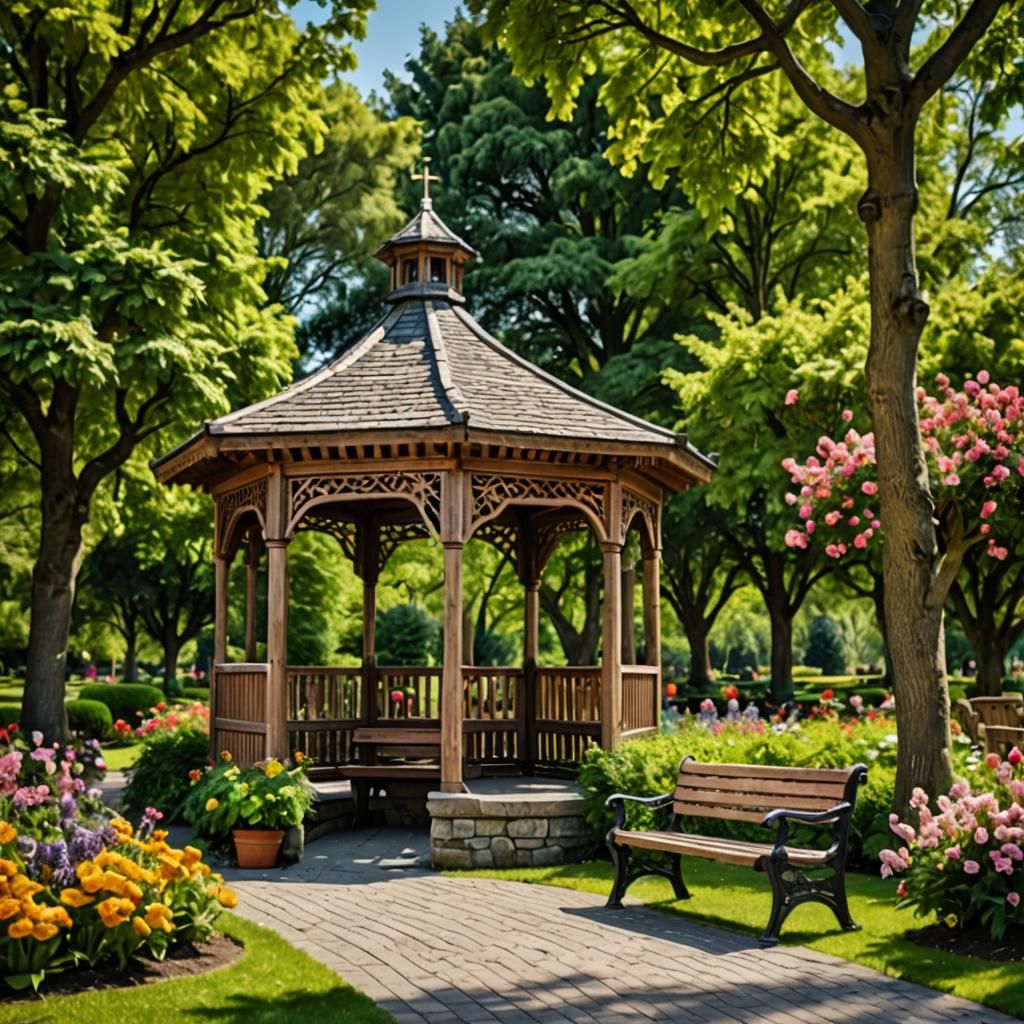 Garden Park Gazebo with Cross in Hyperrealistic Style