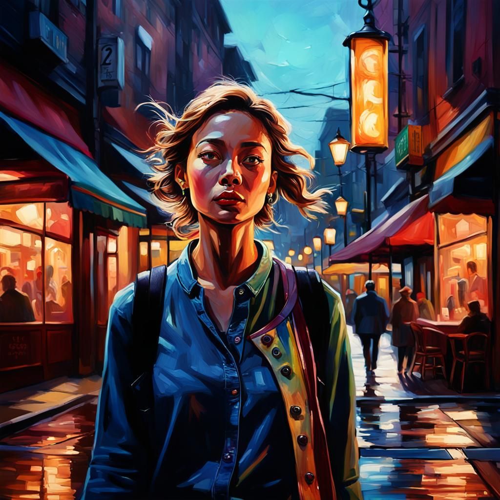 Hyperrealistic Lady in Cityscape Splash Art