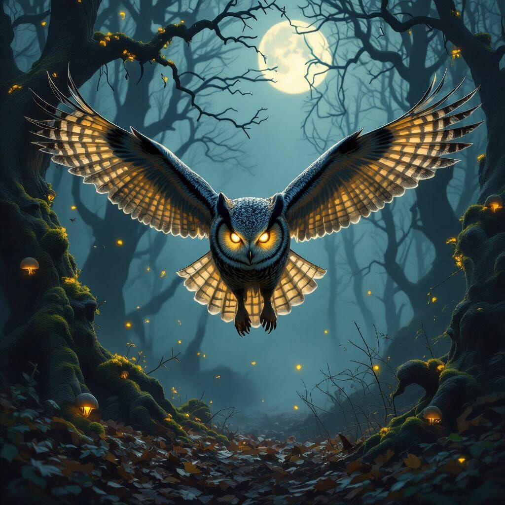 Ethereal Owl Soaring Over Moonlit Forest