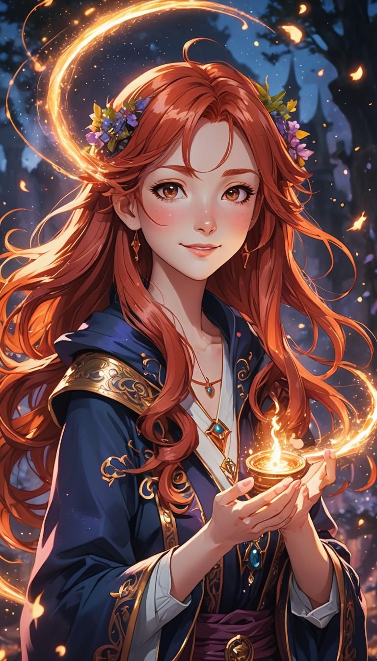Redhead Sorceress Casting Love Spell in Anime Style