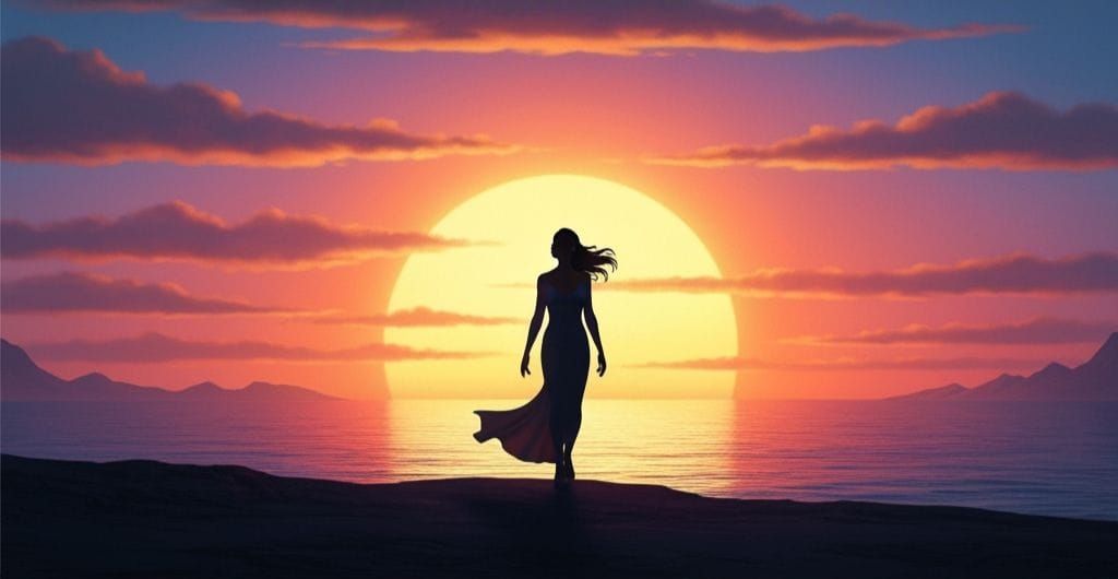 Elegant Figure Silhouetted Against Alien Sunset