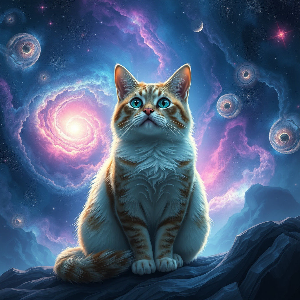 Cosmic Cat Guardian in Detailed Matte Painting Style