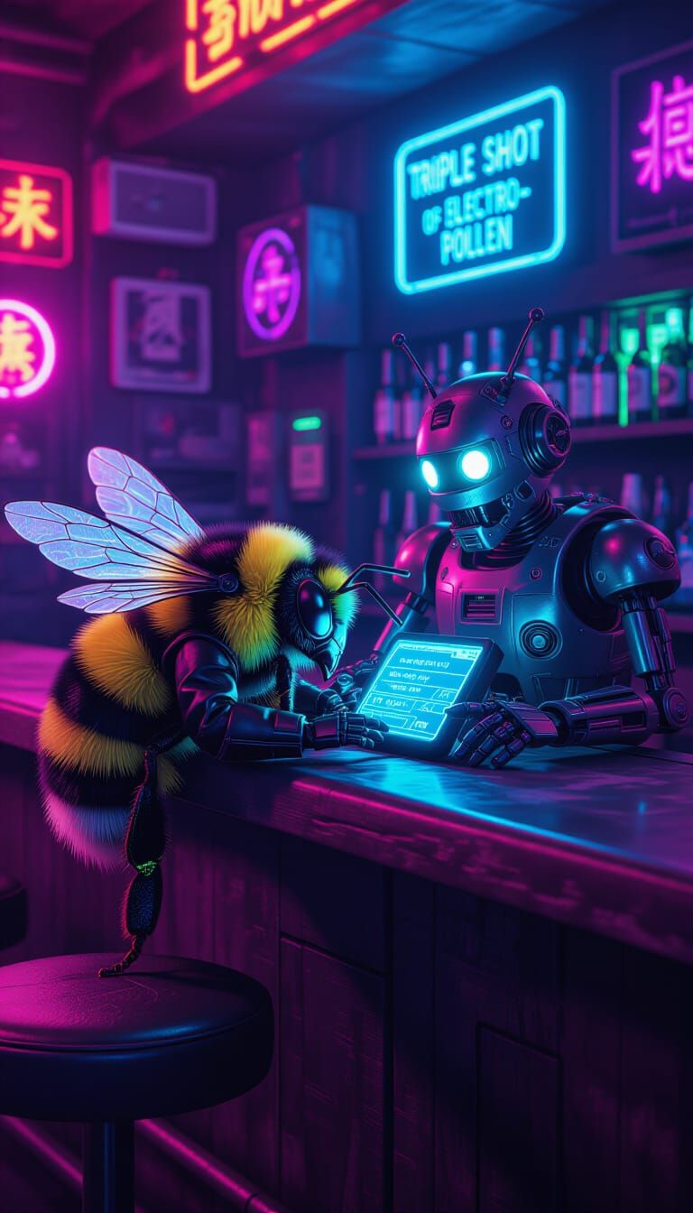 Cyberpunk Bumblebee Orders Drink in Neon Dive Bar