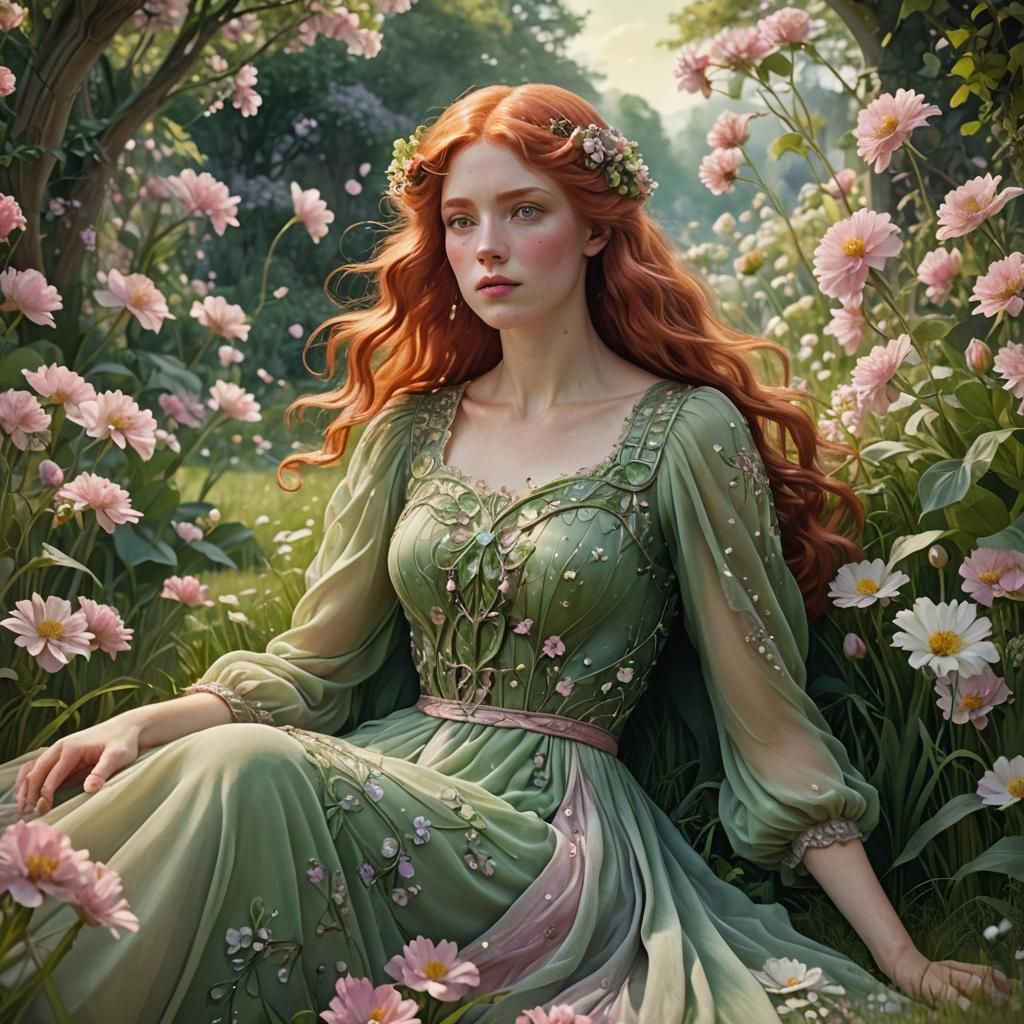 Art Nouveau Woman in Garden Digital Painting