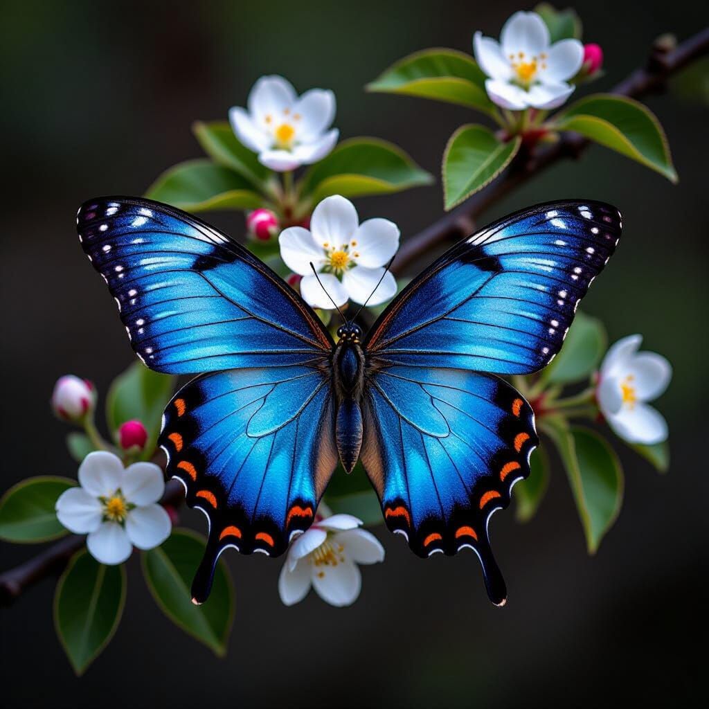Blue Morpho Butterfly on Apple Blossom Branch
