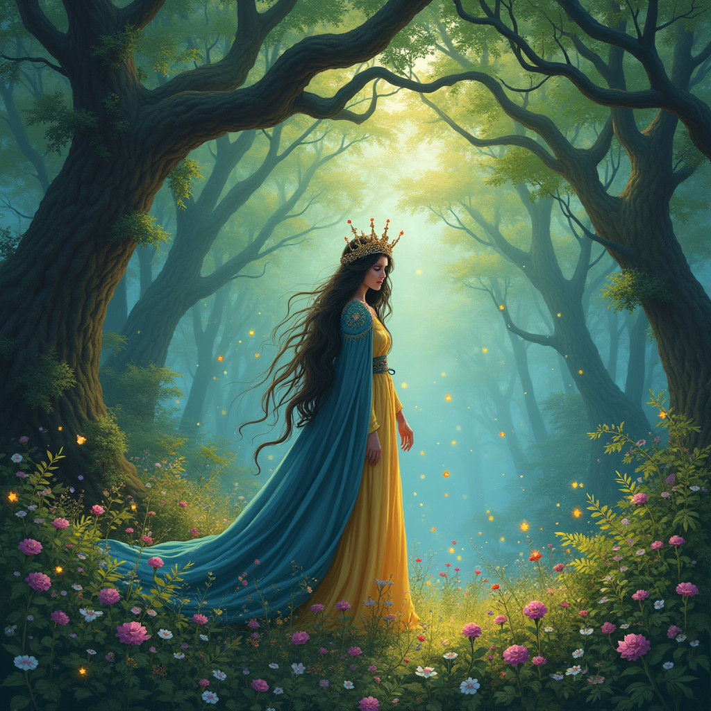 Mystical Woman in Enchanted Forest: Dreamlike Illustration