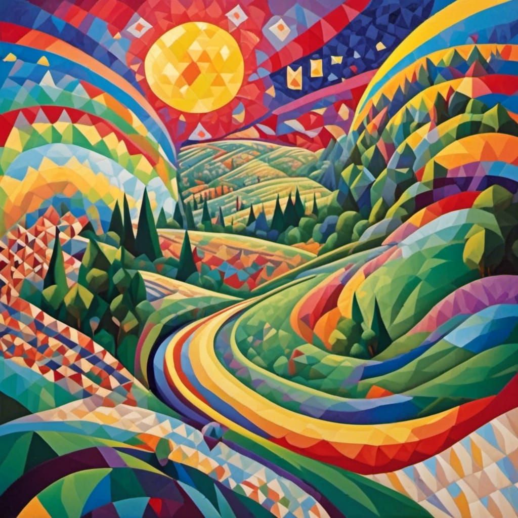Colorful Cubist Hills with Geometric Shapes