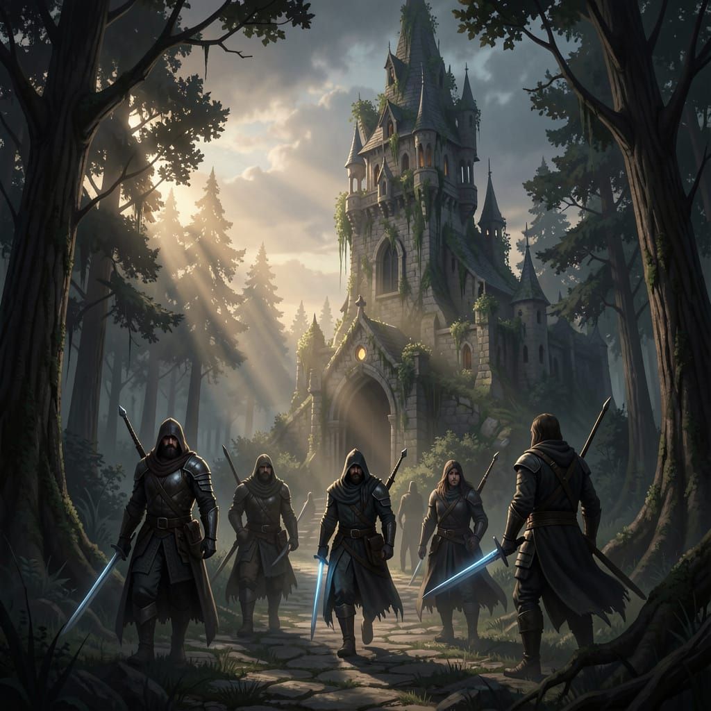 Epic Fantasy Adventurers Approach Ancient Wizard Tower Dol G...