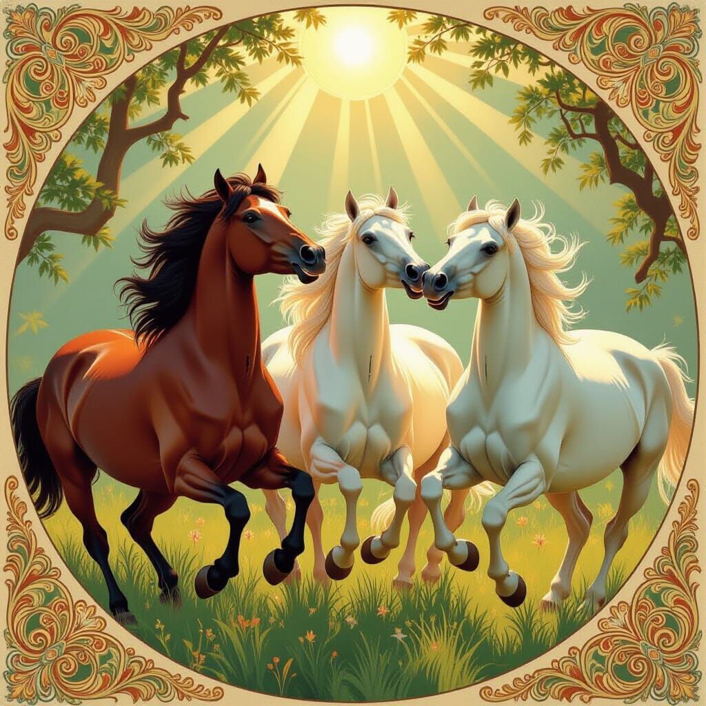 Art Nouveau Horses Sing in Golden Sunlight