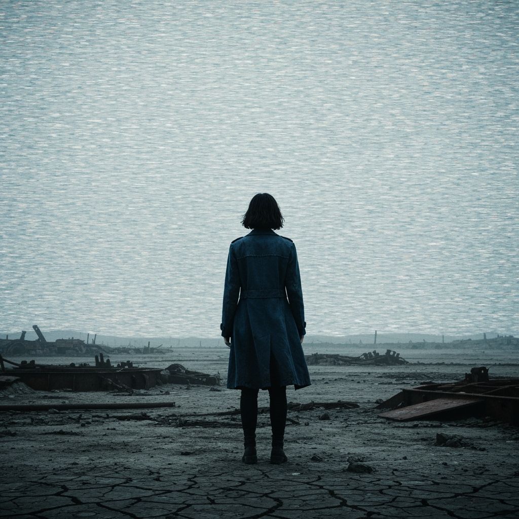 Dystopian Woman in Barren Landscape with Glitch Sky