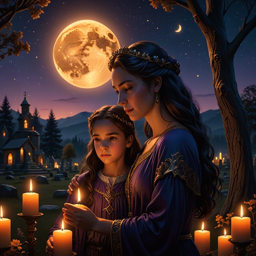 Fantasy Mother and Daughter Mourn at Nighttime Gravesite