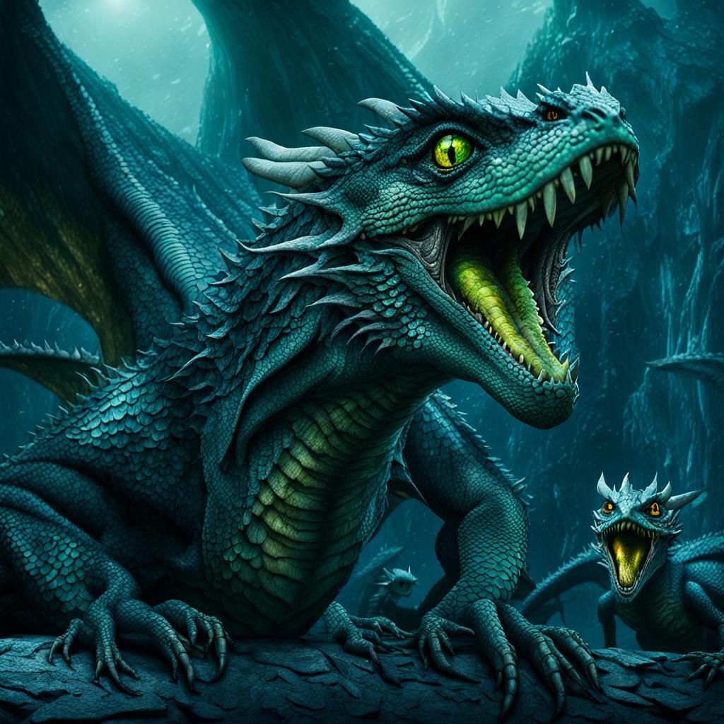 Mother Dragon and Dragonlings in Lair: Cinematic Film Still