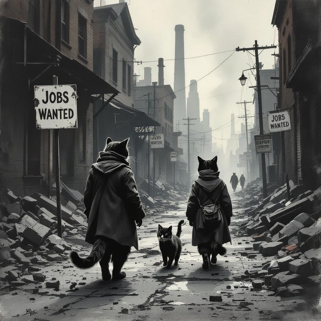 Cats in a Depression-Era Industrial Town, Watercolour Painti...