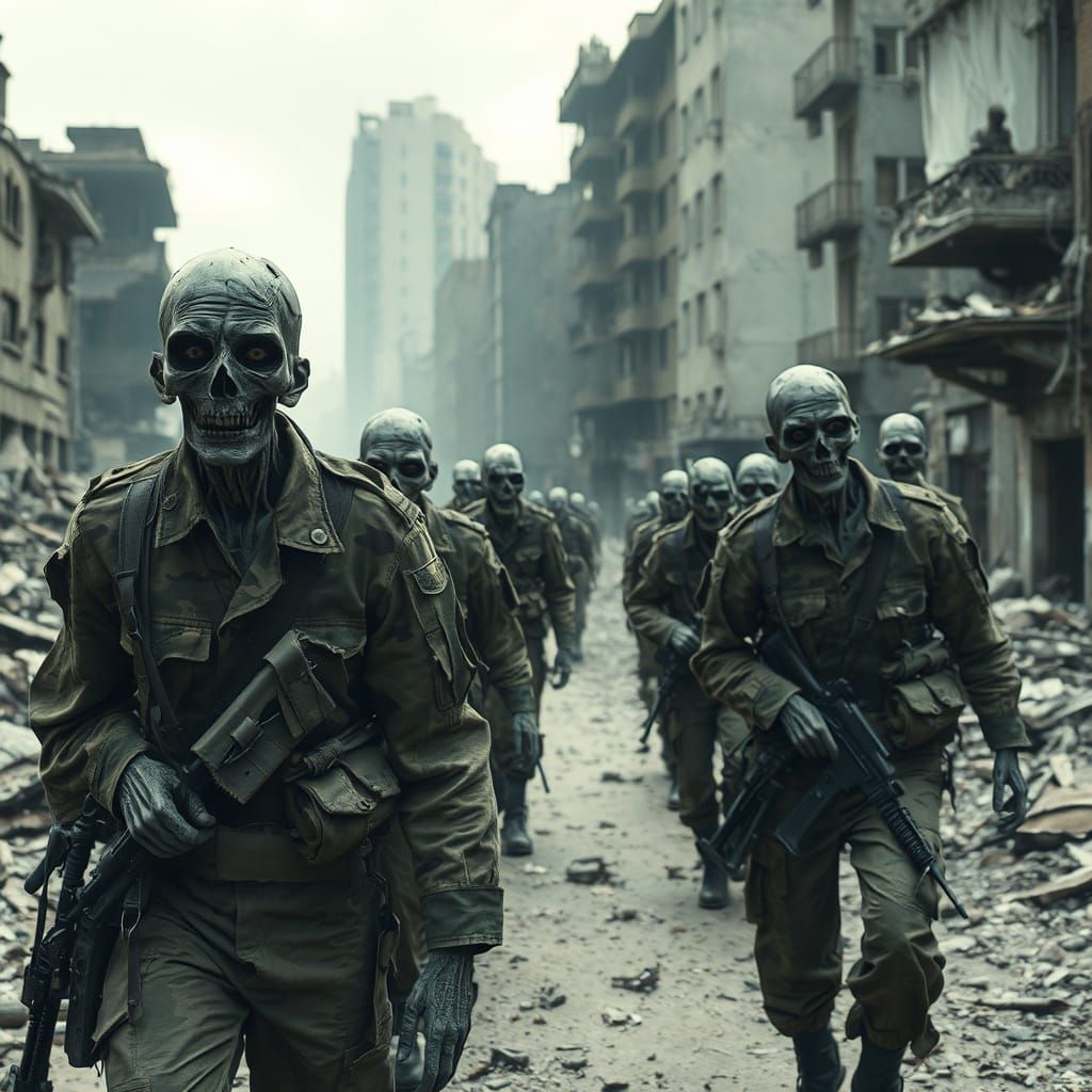 Decaying Soldiers Trudge Through a War-Torn Cityscape in Mut...