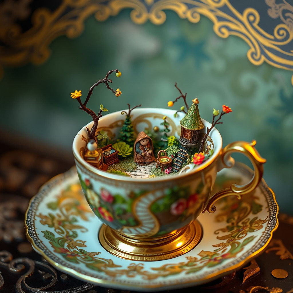 Miniature World Inside Teacup: Whimsical Art