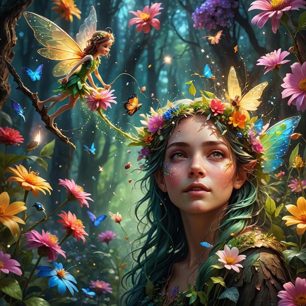 Fantasy Forest Fairy Enchants a Flower