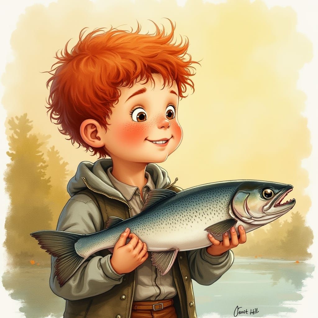 Boy with Salmon in Watercolor Style