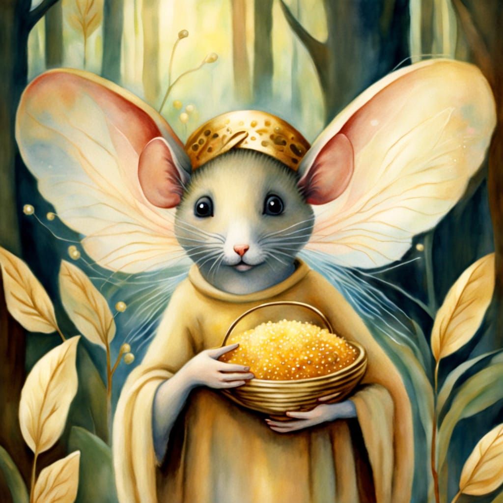 Mouse Fairy with Stolen Grains in Watercolor Style